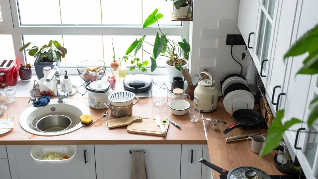 Cluttered kitchen counter overflowing with dishes, pots, a kettle, and houseplants on the windowsill in a small kitchen.