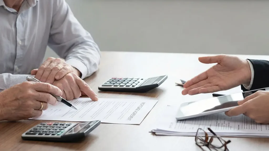 Two people at a desk reviewing a mortgage agreement with calculators, a tablet, pen, and reading glasses on the surface.