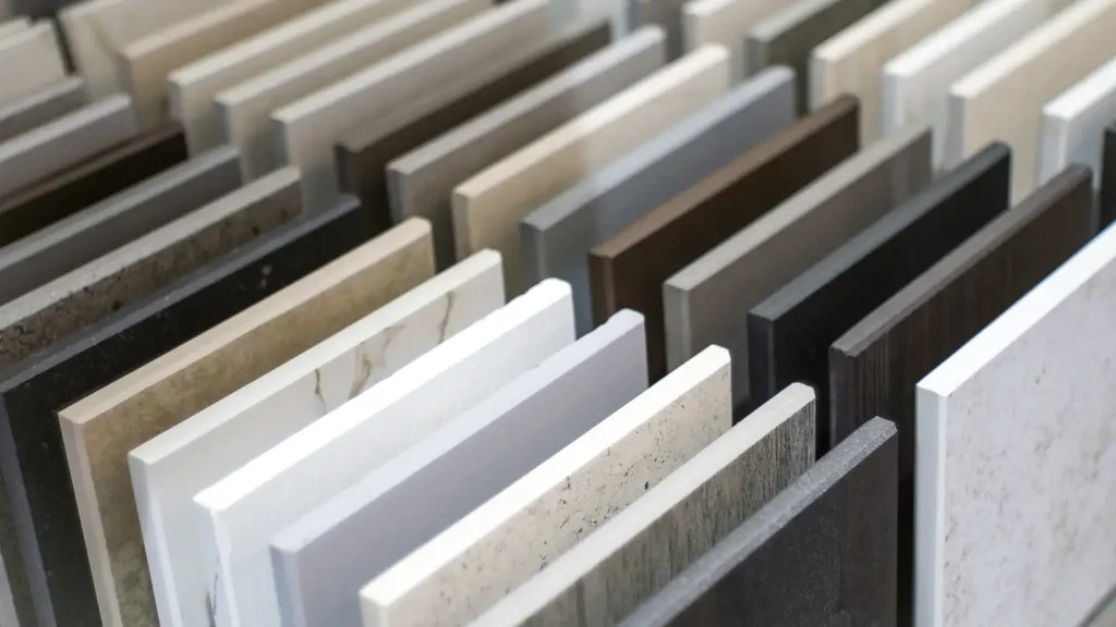 Rows of countertop sample slabs in various stone colors and patterns, displayed upright in a showroom.