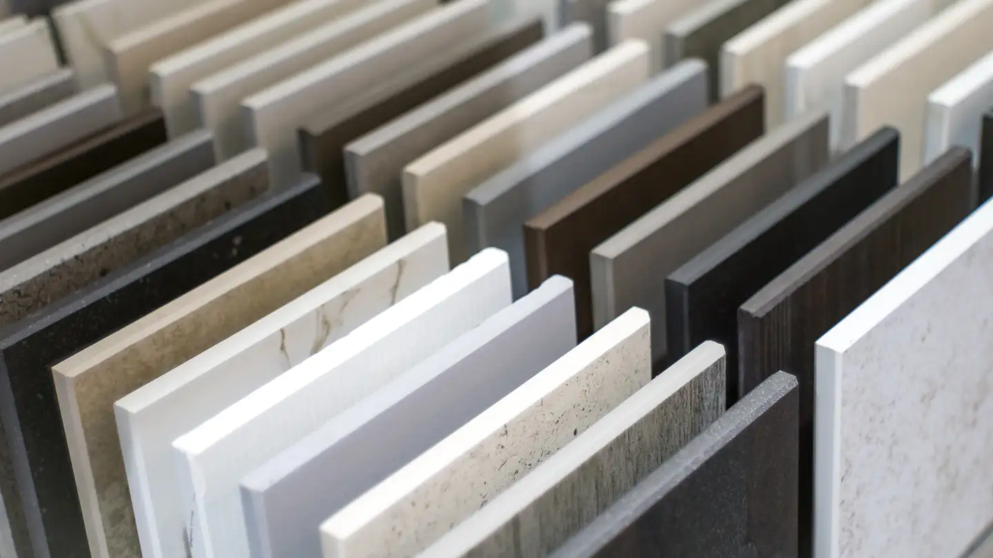 Rows of countertop sample slabs in various stone colors and patterns, displayed upright in a showroom.