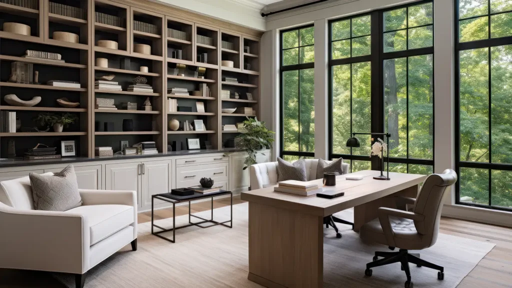 Bright home office with a wood desk, leather chair, built-in shelves filled with books and decor, and tall windows to trees.