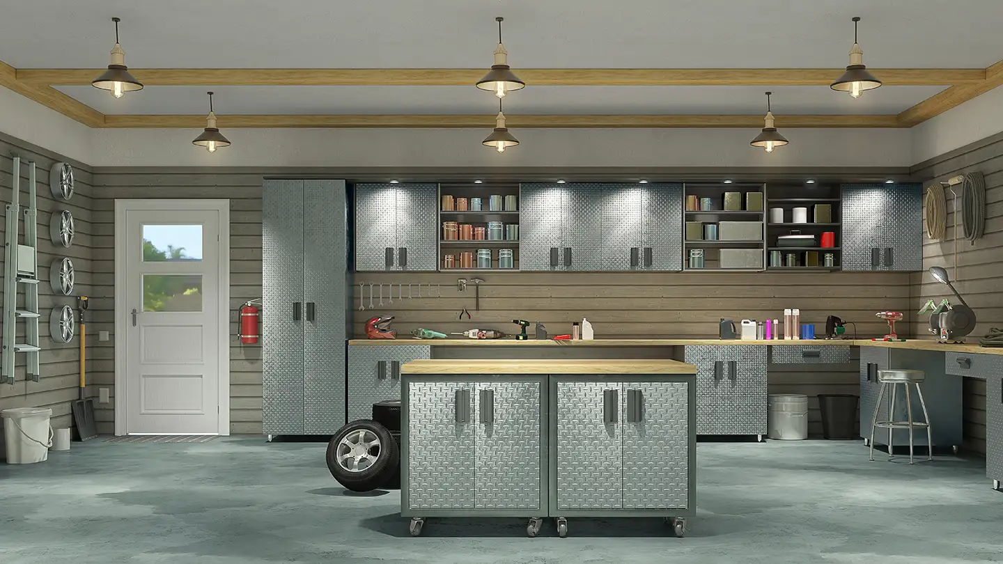 Organized garage with diamond-plate metal cabinets, workbench, pendant lights, pegboard tools, and tires mounted on the wall.