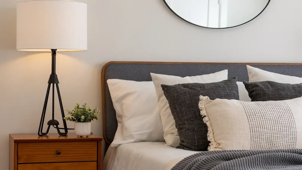 Bedroom corner with an upholstered gray headboard, layered pillows, a tripod lamp on a wood nightstand, and a round mirror.