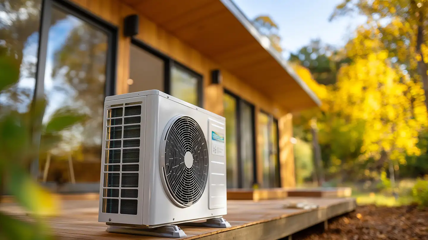 Outdoor heat pump unit on a wooden deck beside a modern cedar-sided home, with golden autumn trees in the background.