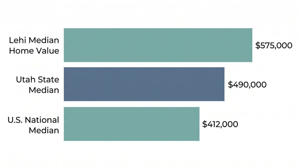Bar chart comparing Lehi Utah housing costs to national median 2026