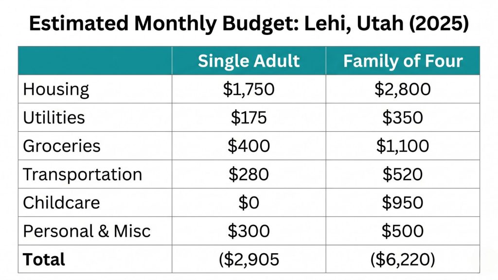 Monthly budget table single adult family of four living in Lehi Utah 2026
