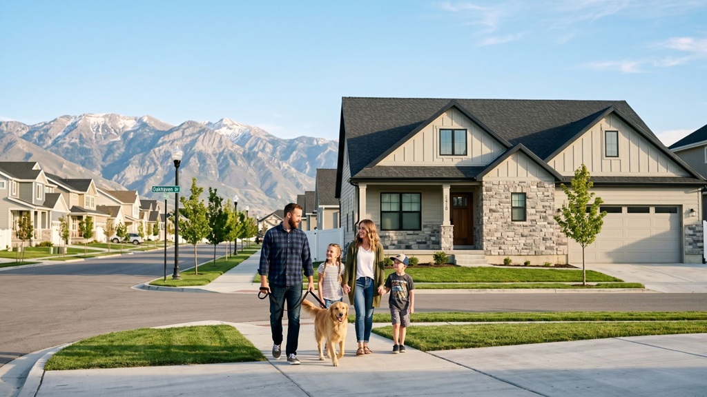 New construction family neighborhood in Lehi Utah with mountain backdrop