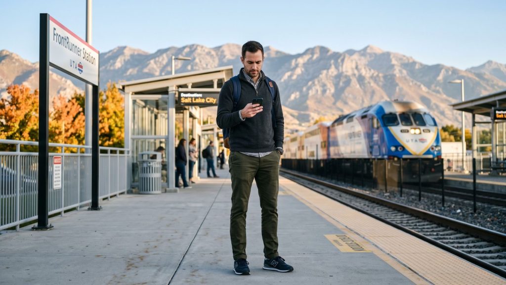Professional commuter at Lehi FrontRunner station Silicon Slopes Utah morning