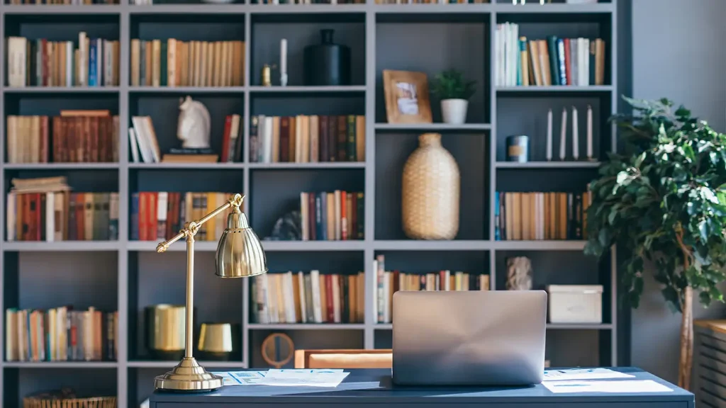 Home library with tall dark built-in bookshelves filled with books and decor, a brass desk lamp, and a closed laptop on a desk.