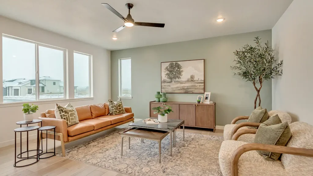 Living room with tan leather sofa, sage accent wall, ceiling fan, framed landscape art, olive tree, and patterned area rug.