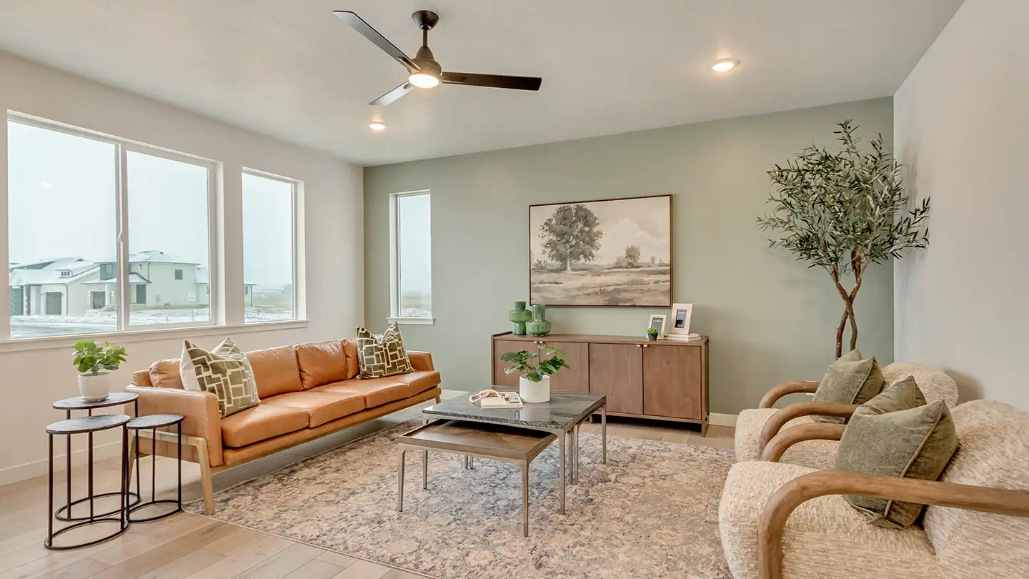 Living room with tan leather sofa, sage accent wall, ceiling fan, framed landscape art, olive tree, and patterned area rug.