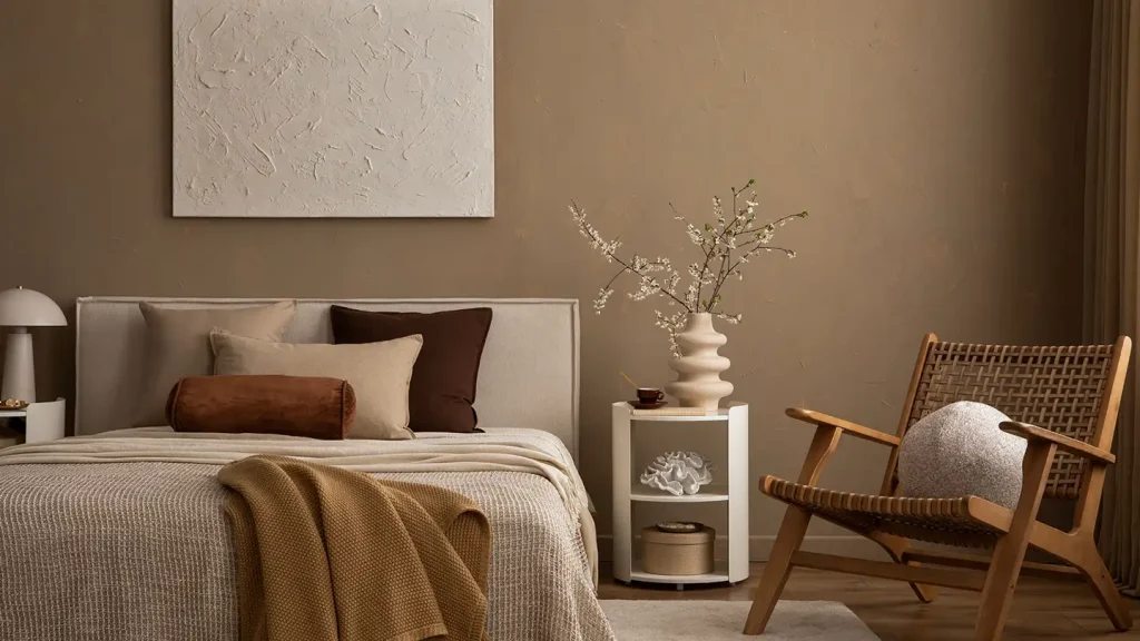 Bedroom with taupe walls, upholstered bed with brown bolster pillow, side table with sculptural vase, and a woven wood chair.