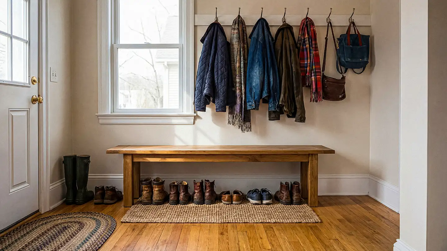 Mudroom with coats and scarves on wall hooks, a wooden bench, and rows of boots lined up on a jute rug over hardwood flooring.
