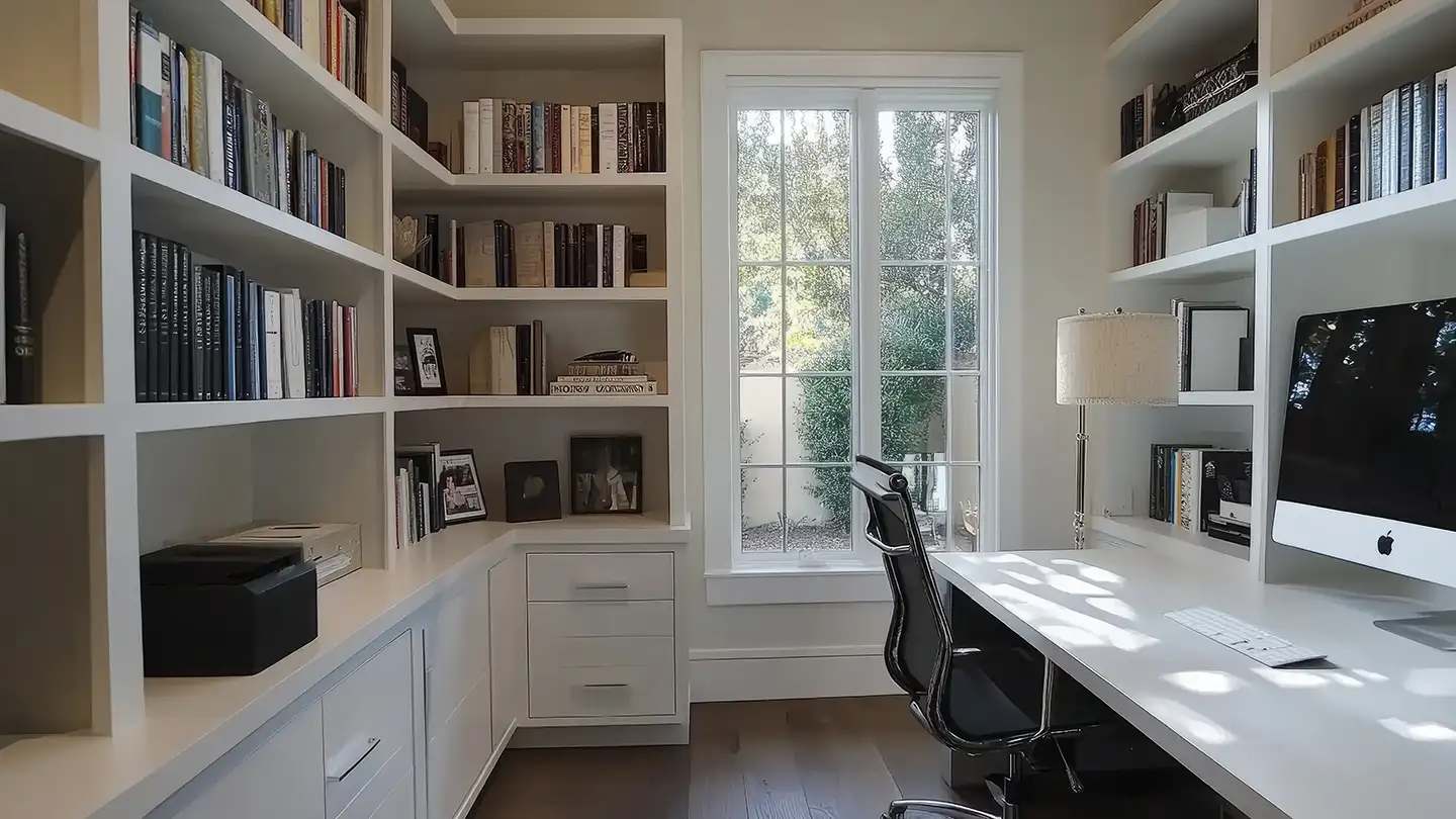 Small pocket office with white built-in bookshelves, a desk with an Apple desktop computer, office chair, and a tall window.