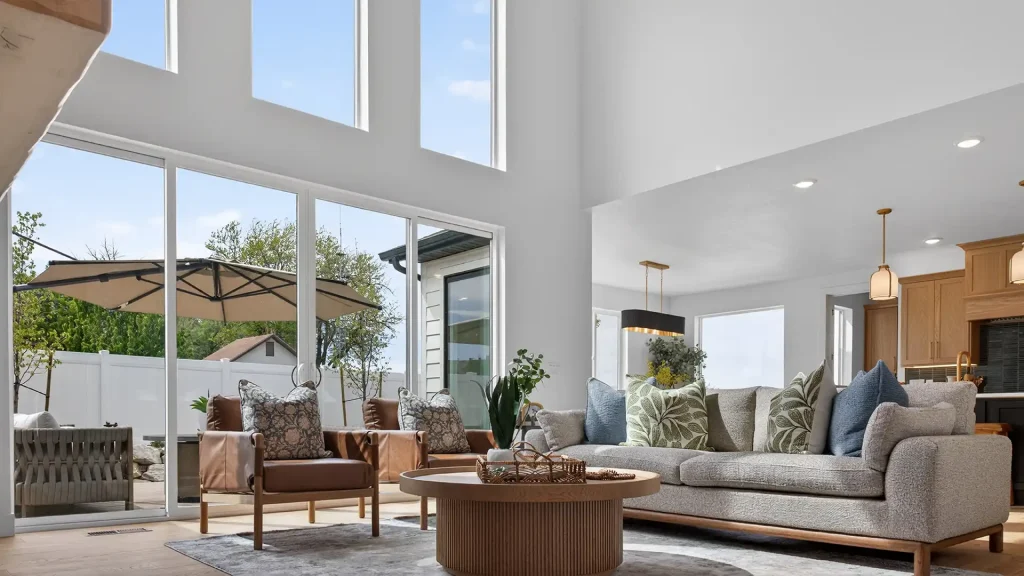 Open-concept living room with vaulted ceiling, gray sectional, and sliding glass doors to a patio