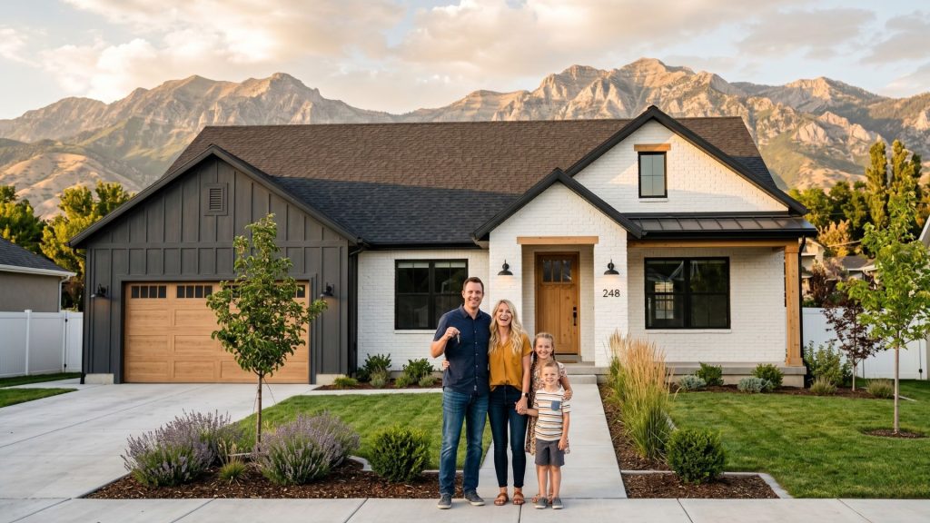 Family standing outside completed new construction home in Utah County with mountain backdrop