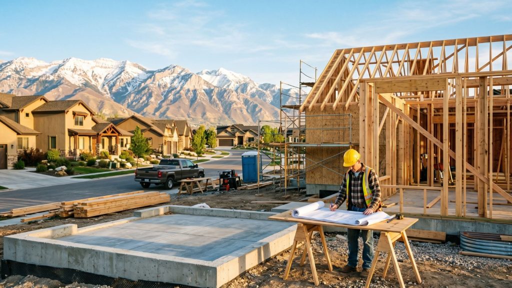 New home community under construction in Utah County with mountain views in background