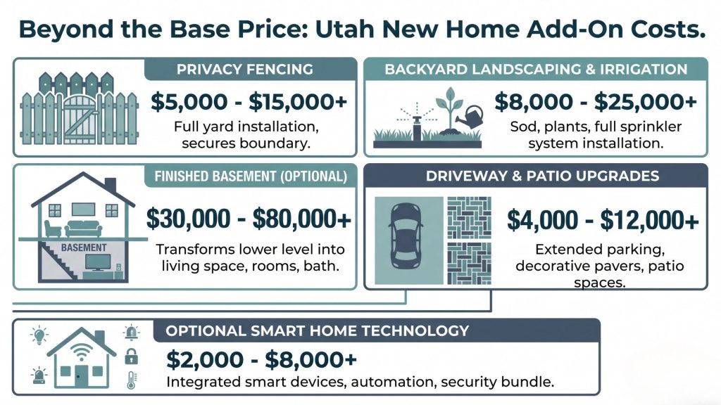 Infographic showing hidden costs of building a new home in Utah County beyond base price