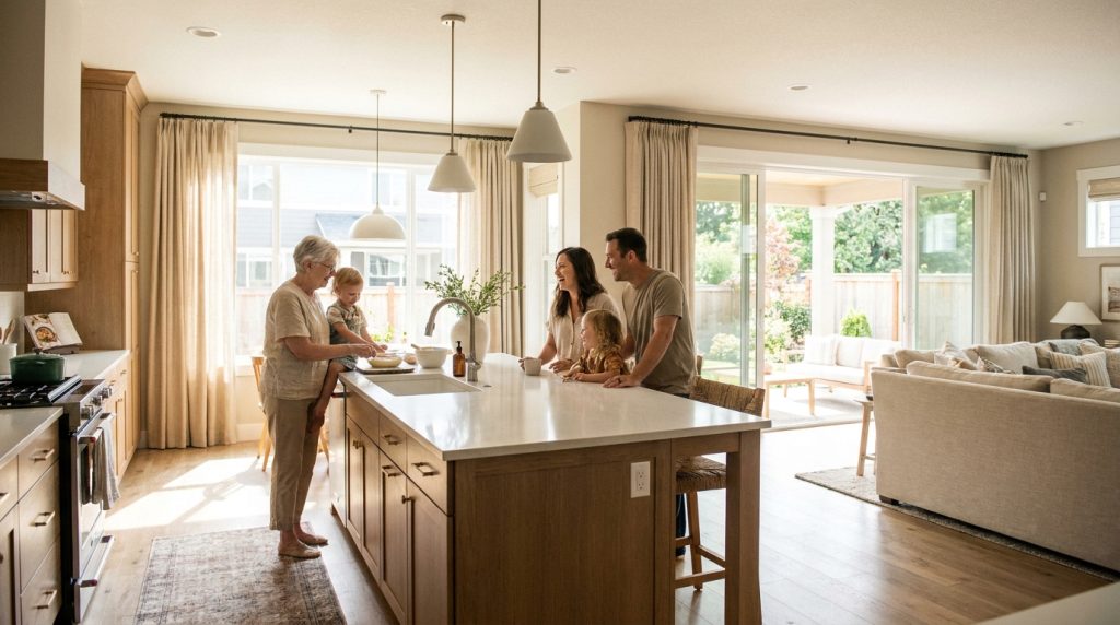 Multigenerational family gathered in an open-concept rambler great room