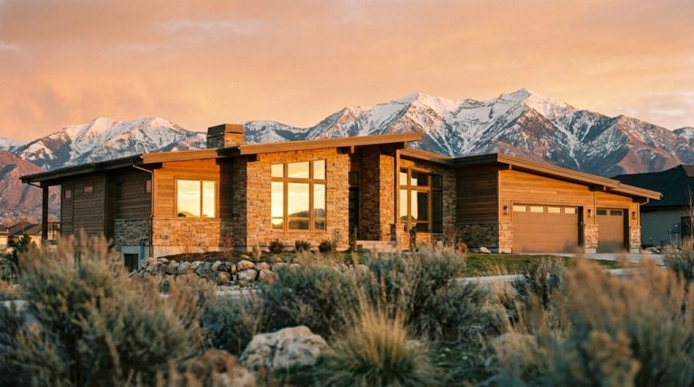 Single-story rambler style home exterior with mountains in Utah