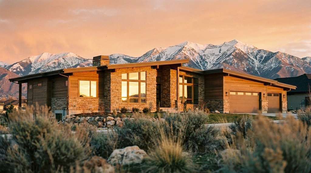 Single-story rambler style home exterior with mountains in Utah