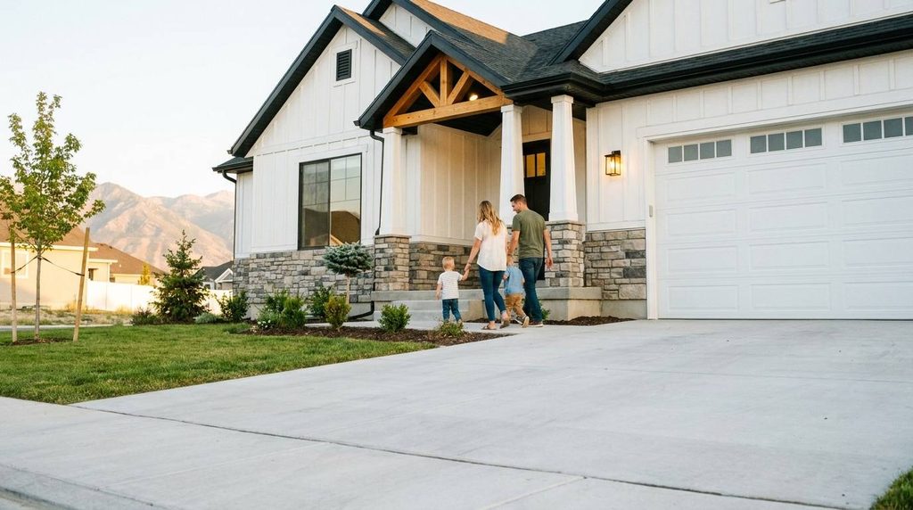 Family walking up broom-finish concrete driveway of Utah home