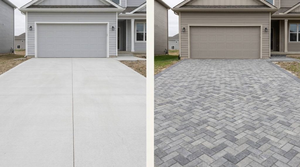 Split image comparing concrete driveway vs. pavers
