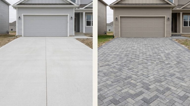 Split image comparing concrete driveway vs. pavers