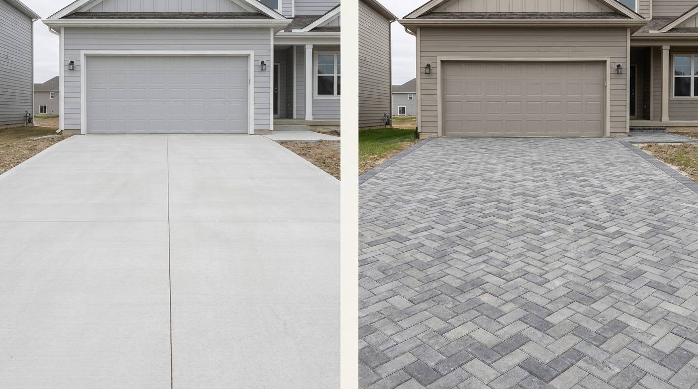 Split image comparing concrete driveway vs. pavers