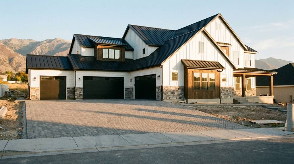 Paver driveway leading to new construction home in Utah County
